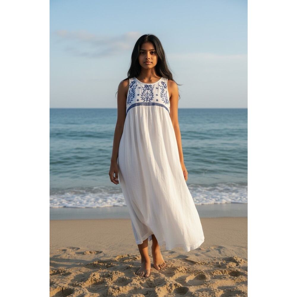 Tucker Tate Girls Dress Size XL (14-16) Midi Boho Embroidered Ivory Sleeveless